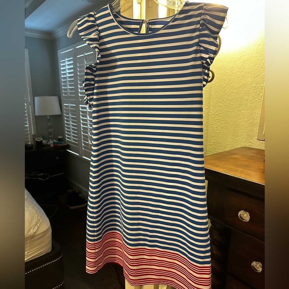 Vineyard Vines Blue and White Striped Dress with red band on bottom